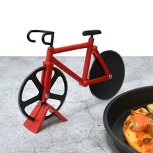 Stainless steel bicycle pizza cutter with an unbreakable handle for easy use.