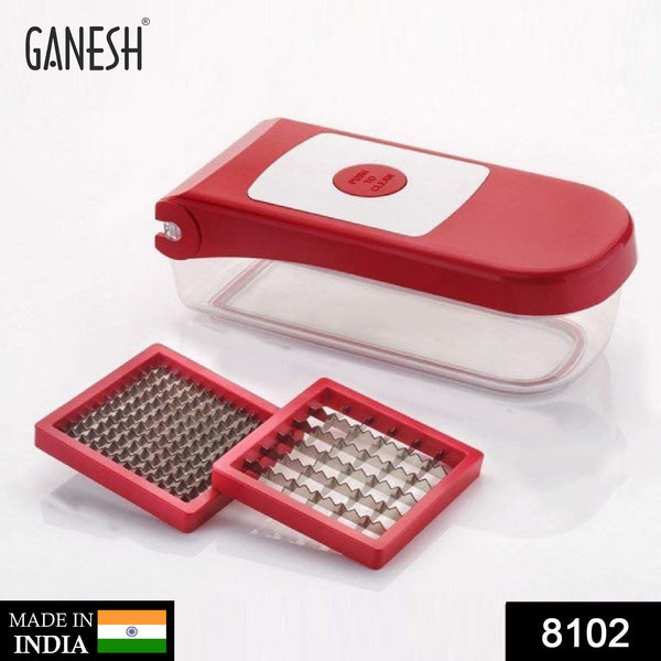 Red plastic chopper by Ganesh, used for vegetables and fruits, different views.