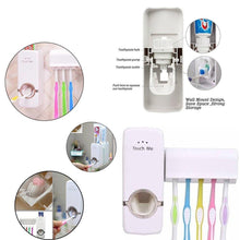 Toothbrush and toothpaste holder with dispenser.