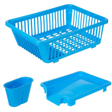 Plastic dish drainer rack with a brown box for organizing and drying dishes