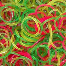 Assorted multicolor rubber bands, ideal for office and school